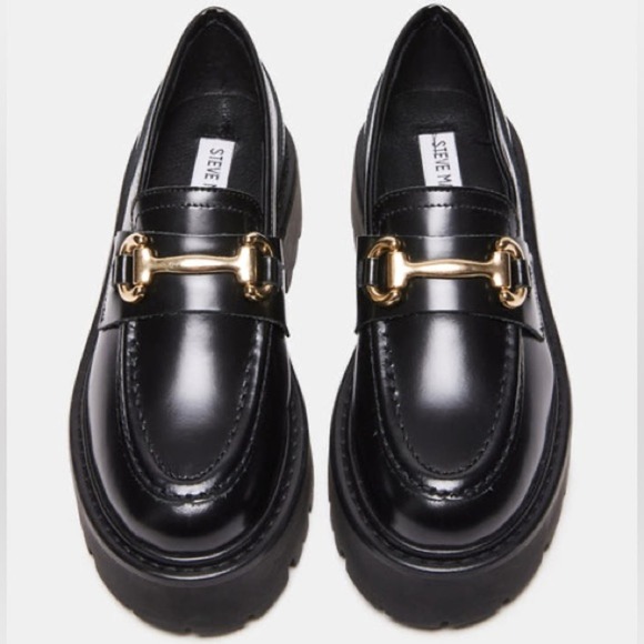 Steve Madden Shoes - STEVE MADDEN Shoes Womens Sz 9 Black Loafers Roux Leather Chunky Heel Horsebit